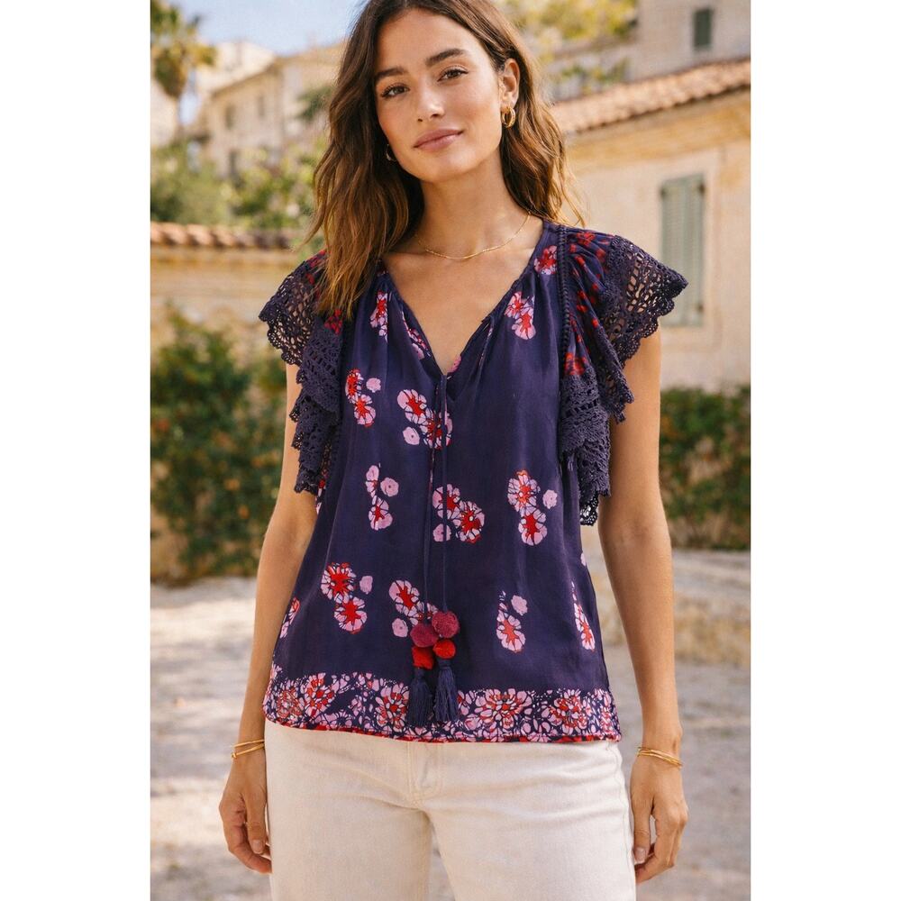 Sea New York Floral Ruffle Sleeve Blouse Navy Red Pom Detail 2 - Picture 4 of 16